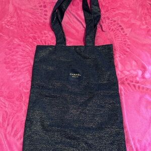 CHANEL Navy Blue Gold Shimmer Tote with Gold Logo